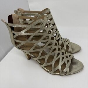 Isola Women's Shoes Gold Leather Open Lattice Caged Sandal Heel Strappy Size 10